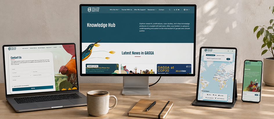 Global Alliance for Green and Gender Action website interface displayed across laptop, desktop, tablet, and mobile screens.