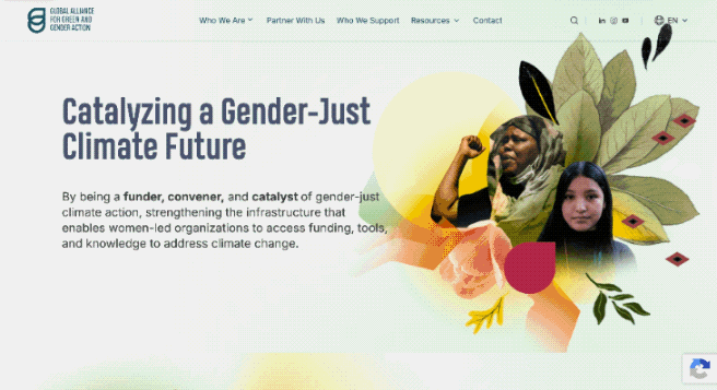 Global Alliance for Green and Gender Action website homepage showing the headline "Catalyzing a Gender-Just Climate Future".