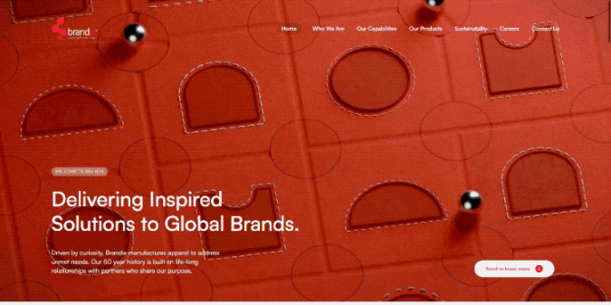 Brandix website homepage showing the headline "Delivering Inspired Solutions to Global Brands" over a textured red background.