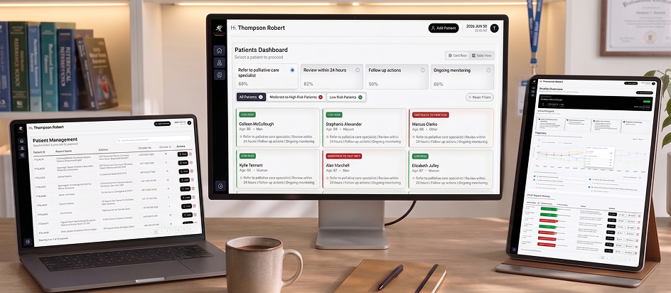 Patients Dashboard and Patient Management interface displayed across laptop, desktop monitor, and tablet screens.