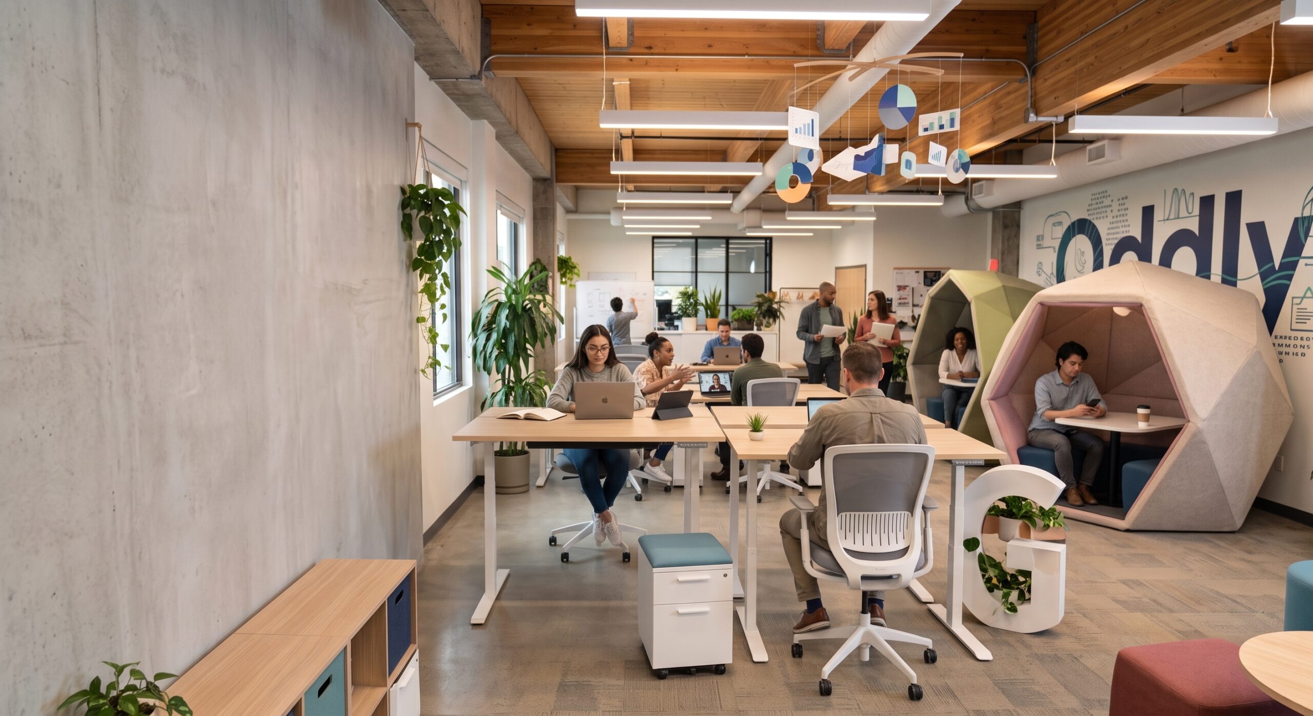 People working in a modern open-plan office with desks, laptop computers, and seating pods.