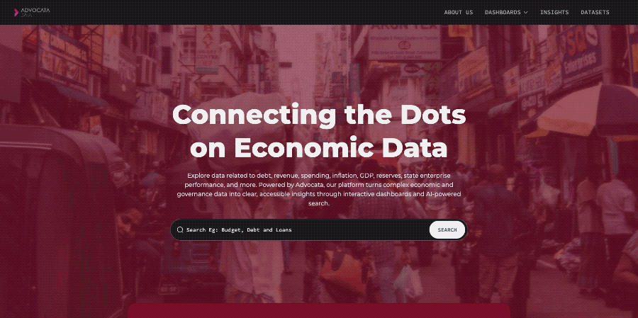Advocata Data website homepage showing the headline "Connecting the Dots on Economic Data" over a street scene.