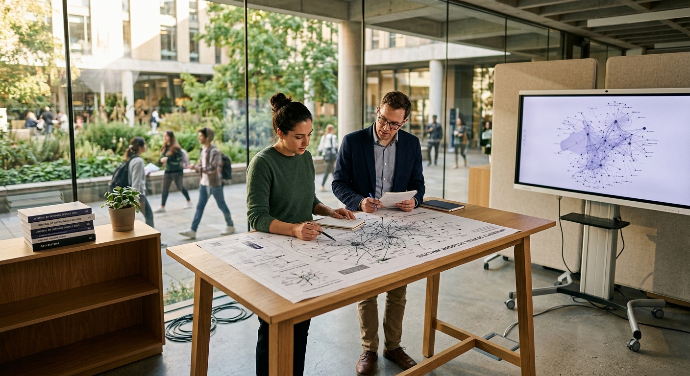 Two researchers reviewing network analysis maps at a table near a display screen showing a node diagram.