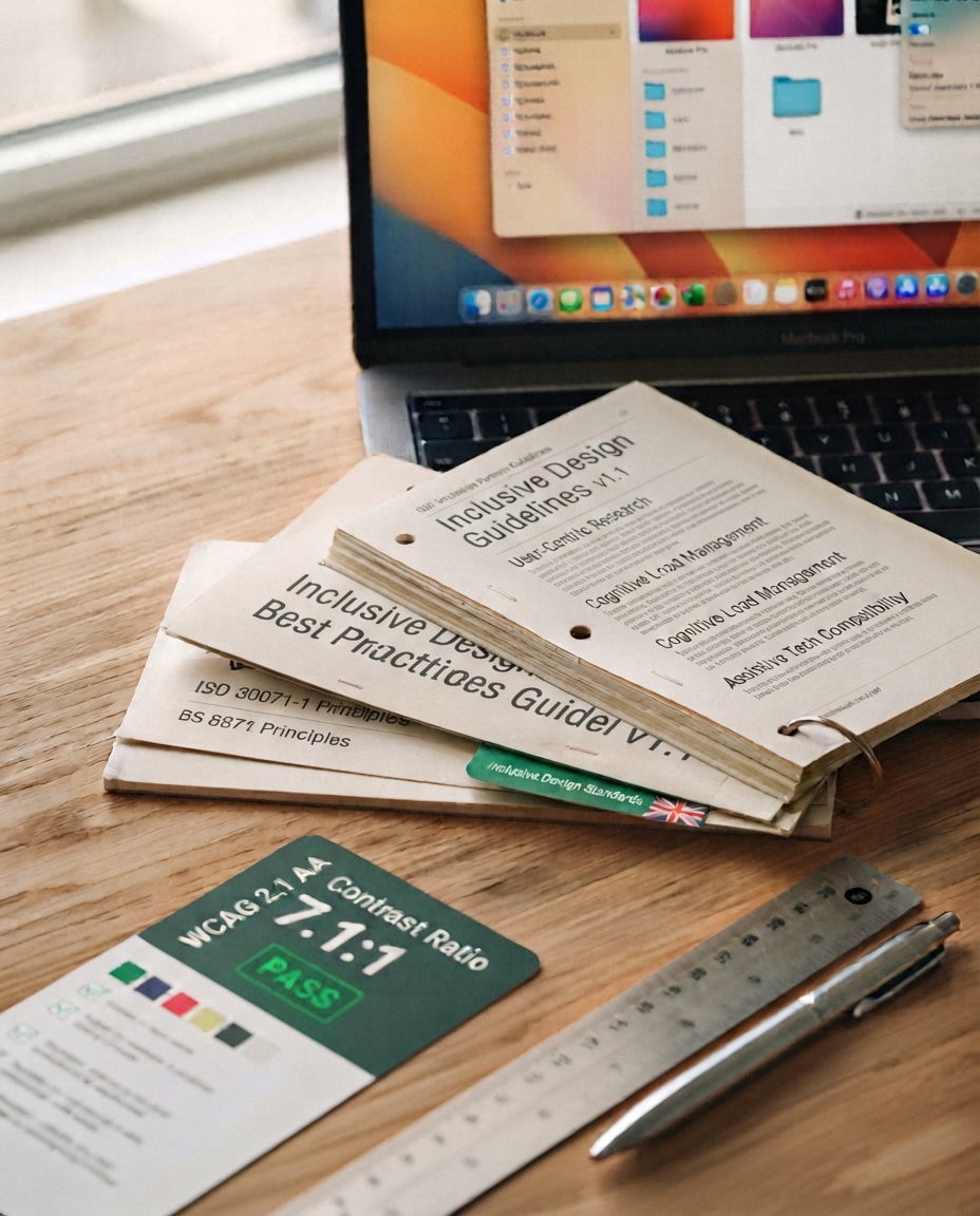 Printed Inclusive Design Guidelines documents on a desk with a ruler, pen, WCAG contrast card, and a open laptop.