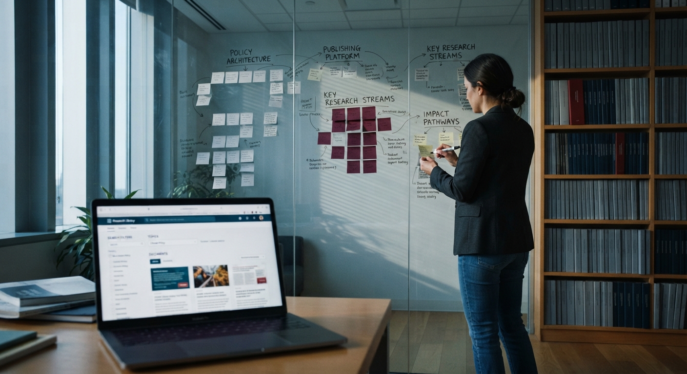 Woman writing sticky notes on a glass wall diagram with a laptop in the foreground displaying a webpage.