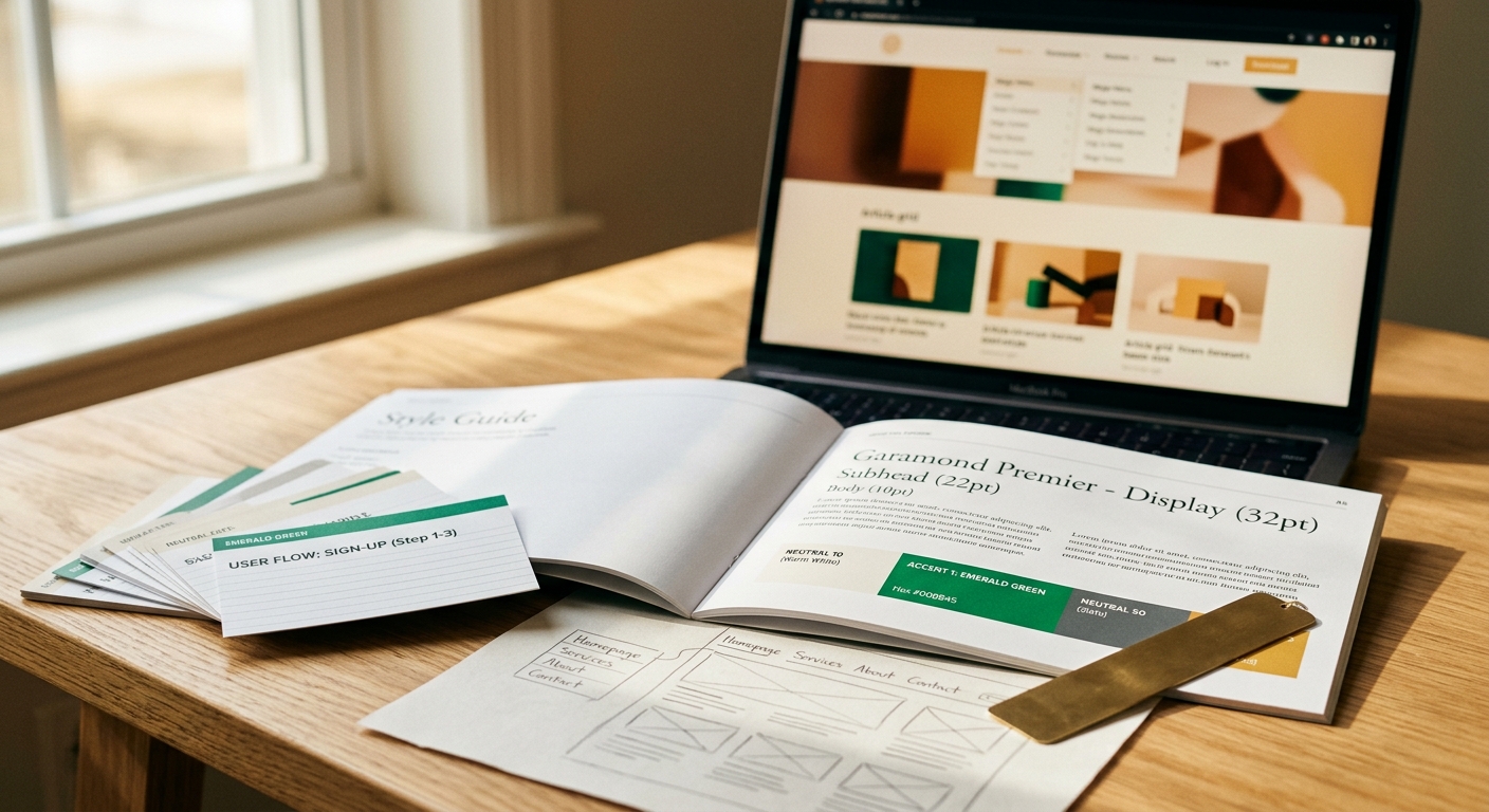 Desk setup with open style guide booklet, user flow cards, website wireframe sketches, and a laptop showing a webpage.